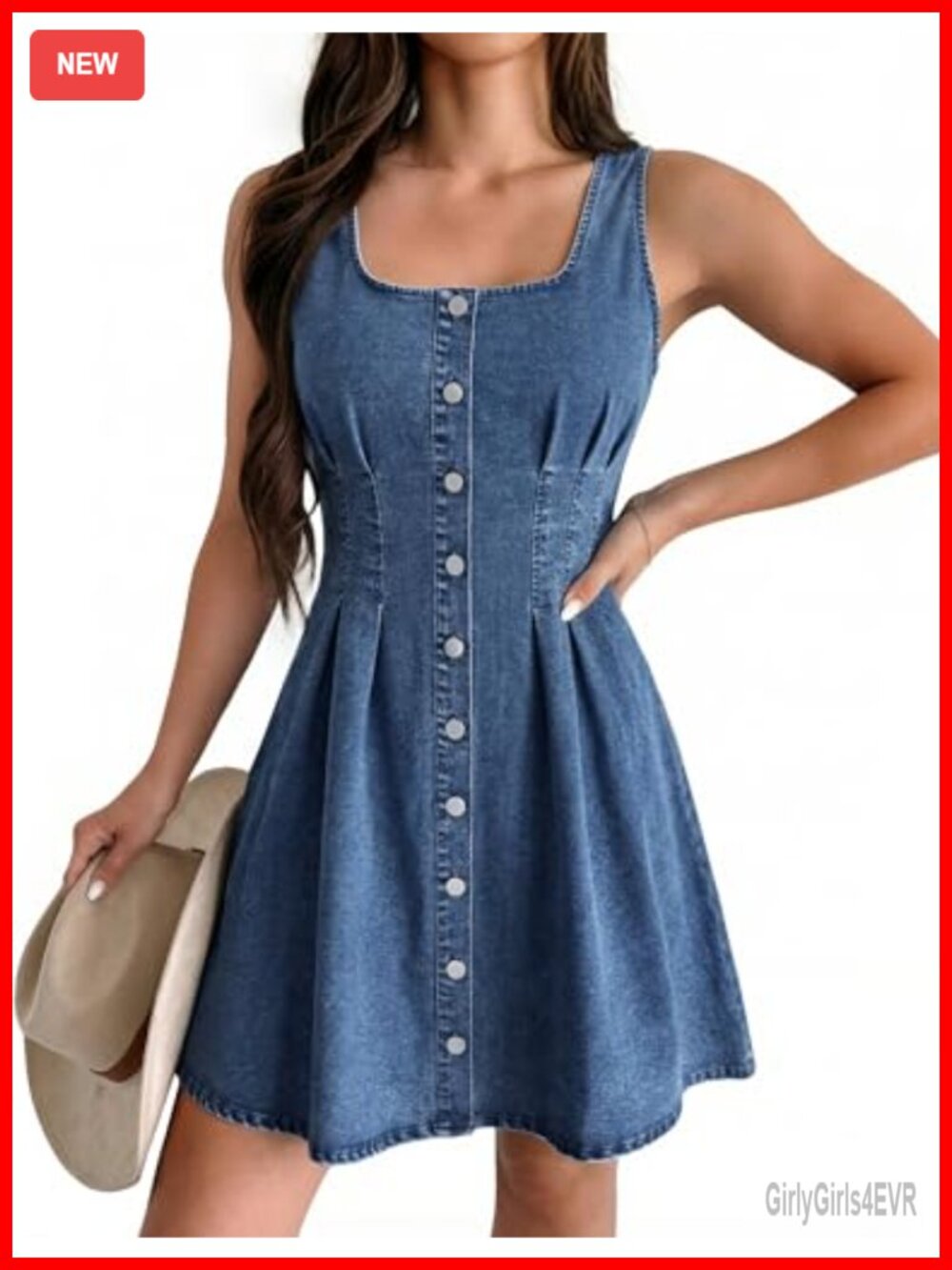 Sleeveless Square Neck Denim Mini Dress Cinched Waist Babydoll